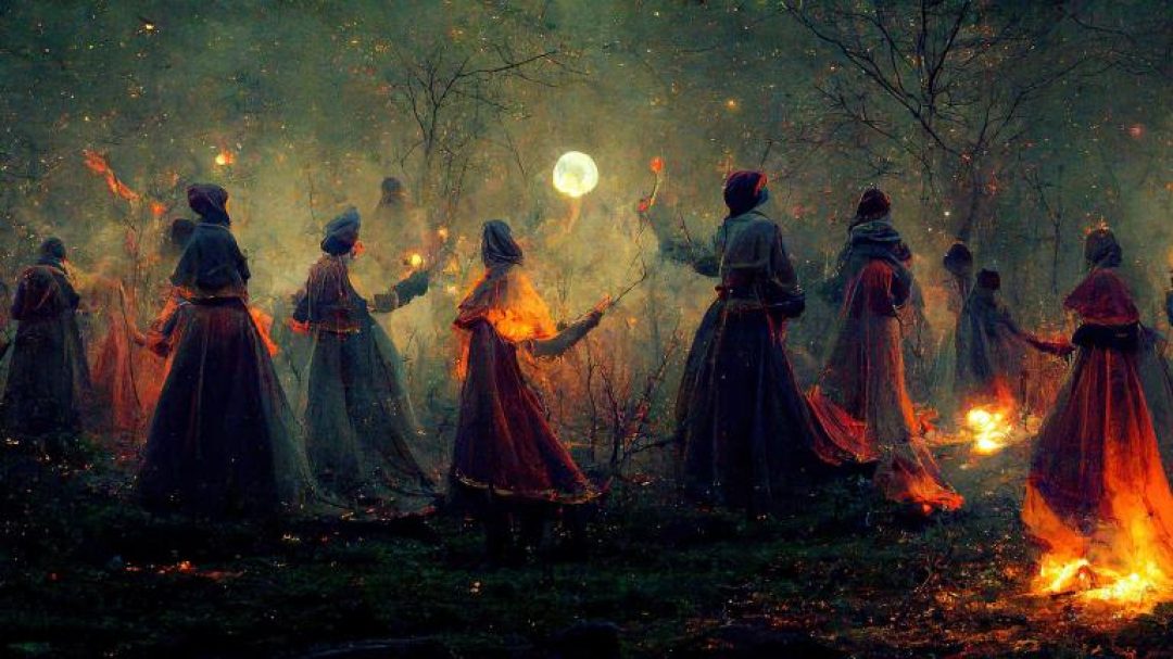 Shutterstock image of robed figures dancing amid flames. In the background is a full moon.