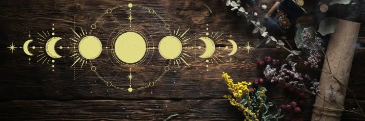 Moon phases painted in gold on a wood background.